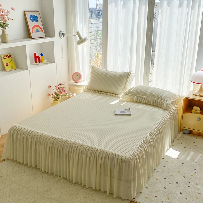 91家纺网 家纺一手货源 找家纺 七里香 2026春夏新款2026新款华夫格3D千鸟格冰豆豆凉席床裙款三件套 华夫格-米白