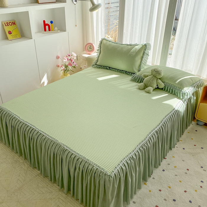 91家纺网 家纺一手货源 找家纺 七里香 2026春夏新款2026新款华夫格3D千鸟格冰豆豆凉席床裙款三件套 华夫格-果绿