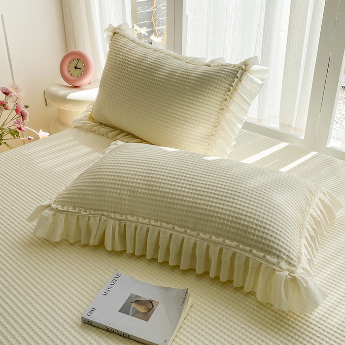 91家纺网 家纺一手货源 找家纺 七里香 2026春夏新款2026新款华夫格3D千鸟格冰豆豆凉席床裙款三件套 华夫格-米白