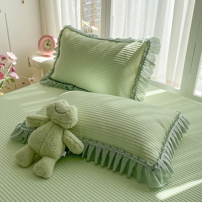 91家纺网 家纺一手货源 找家纺 七里香 2026春夏新款2026新款华夫格3D千鸟格冰豆豆凉席床裙款三件套 华夫格-果绿