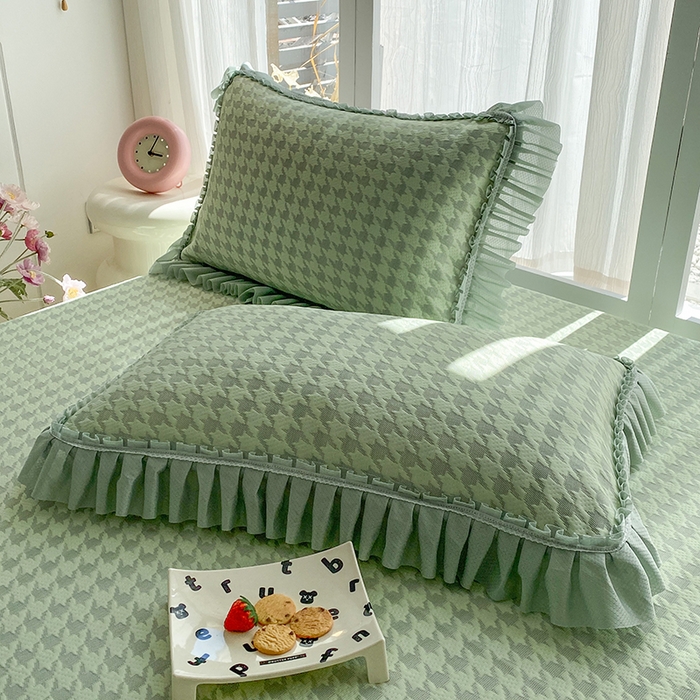 91家纺网 家纺一手货源 找家纺 （总）七里香 2026春夏新款2026新款华夫格3D千鸟格冰豆豆凉席床裙款三件套