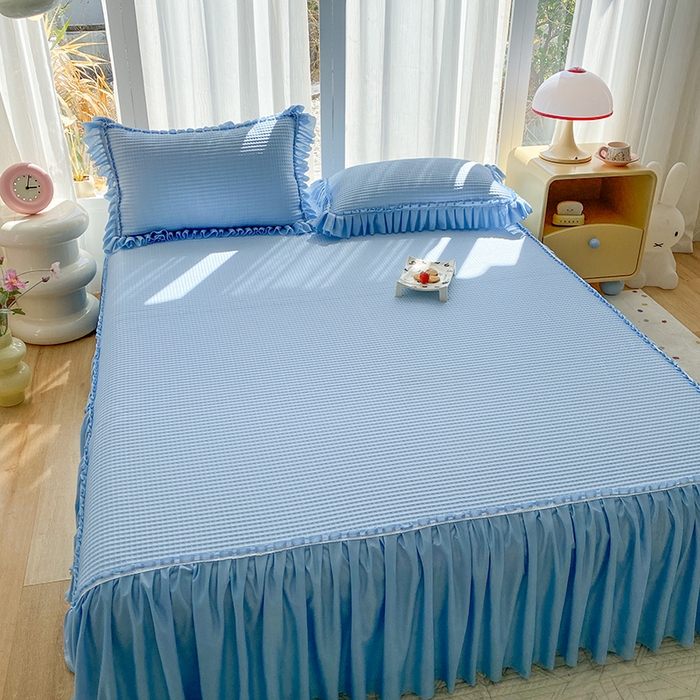 91家纺网 家纺一手货源 找家纺 七里香 2026春夏新款2026新款华夫格3D千鸟格冰豆豆凉席床裙款三件套 华夫格-天蓝