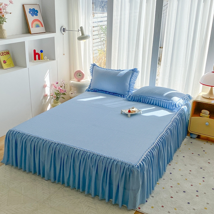 91家纺网 家纺一手货源 找家纺 七里香 2026春夏新款2026新款华夫格3D千鸟格冰豆豆凉席床裙款三件套 华夫格-天蓝