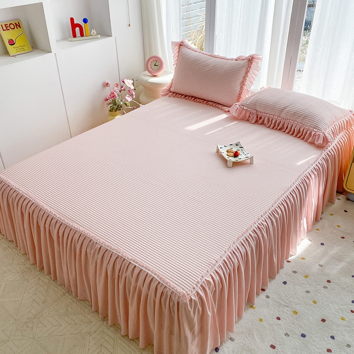 91家纺网 家纺一手货源 找家纺 七里香 2026春夏新款2026新款华夫格3D千鸟格冰豆豆凉席床裙款三件套 华夫格-粉玉