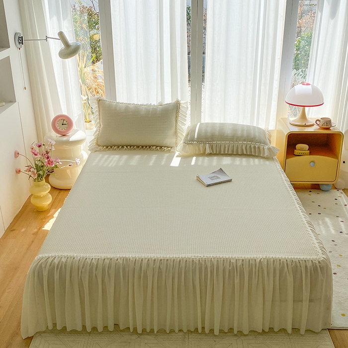 七里香 2026春夏新款2026新款华夫格3D千鸟格冰豆豆凉席床裙款三件套 华夫格-米白