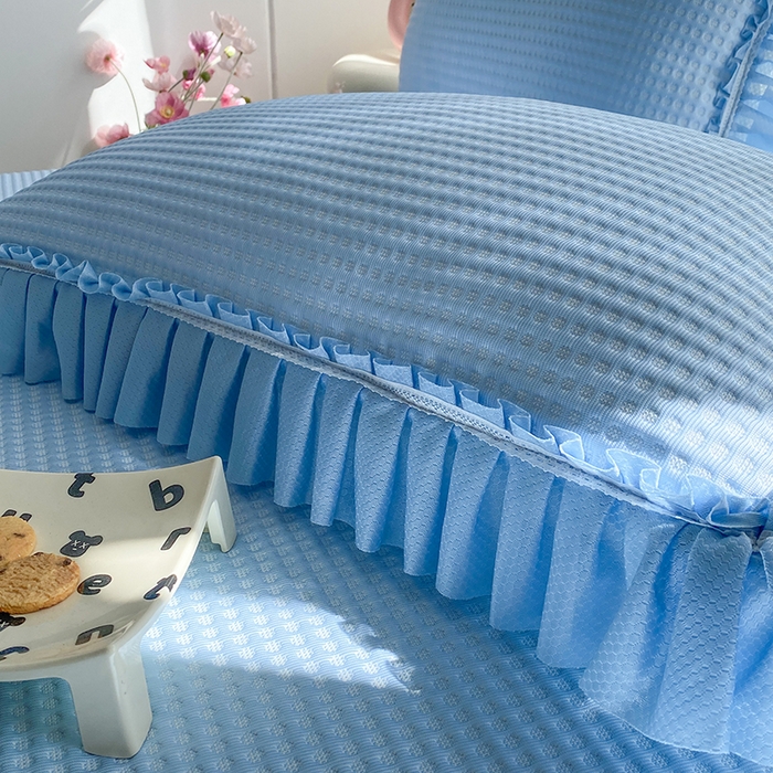 91家纺网 家纺一手货源 找家纺 七里香 2026春夏新款2026新款华夫格3D千鸟格冰豆豆凉席床裙款三件套 华夫格-天蓝