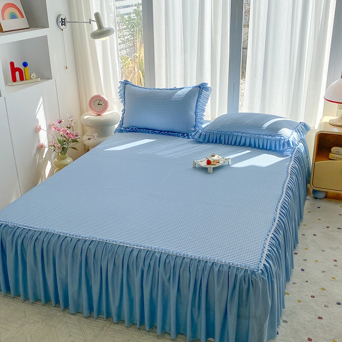 91家纺网 家纺一手货源 找家纺 七里香 2026春夏新款2026新款华夫格3D千鸟格冰豆豆凉席床裙款三件套 华夫格-天蓝