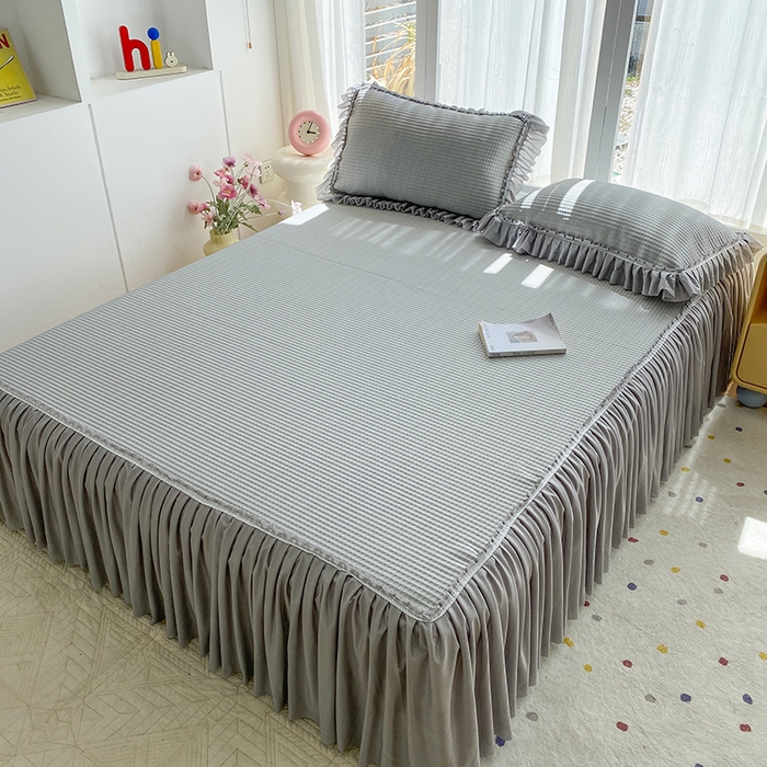 91家纺网 家纺一手货源 找家纺 七里香 2026春夏新款2026新款华夫格3D千鸟格冰豆豆凉席床裙款三件套 华夫格-浅灰