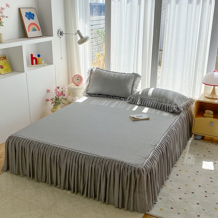 91家纺网 家纺一手货源 找家纺 七里香 2026春夏新款2026新款华夫格3D千鸟格冰豆豆凉席床裙款三件套 华夫格-浅灰