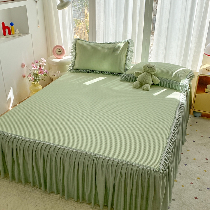 91家纺网 家纺一手货源 找家纺 七里香 2026春夏新款2026新款华夫格3D千鸟格冰豆豆凉席床裙款三件套 华夫格-果绿