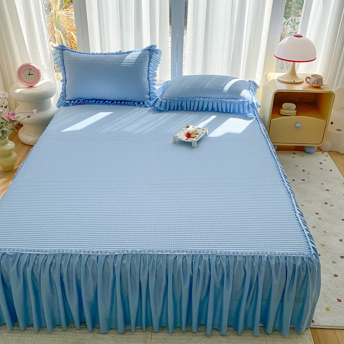 91家纺网 家纺一手货源 找家纺 七里香 2026春夏新款2026新款华夫格3D千鸟格冰豆豆凉席床裙款三件套 华夫格-天蓝