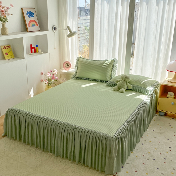 91家纺网 家纺一手货源 找家纺 七里香 2026春夏新款2026新款华夫格3D千鸟格冰豆豆凉席床裙款三件套 华夫格-果绿