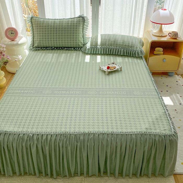 91家纺网 家纺一手货源 找家纺 （总）七里香 2026春夏新款2026新款华夫格3D千鸟格冰豆豆凉席床裙款三件套