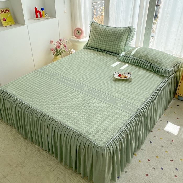 91家纺网 家纺一手货源 找家纺 七里香 2026春夏新款2026新款华夫格3D千鸟格冰豆豆凉席床裙款三件套 千鸟格-果绿