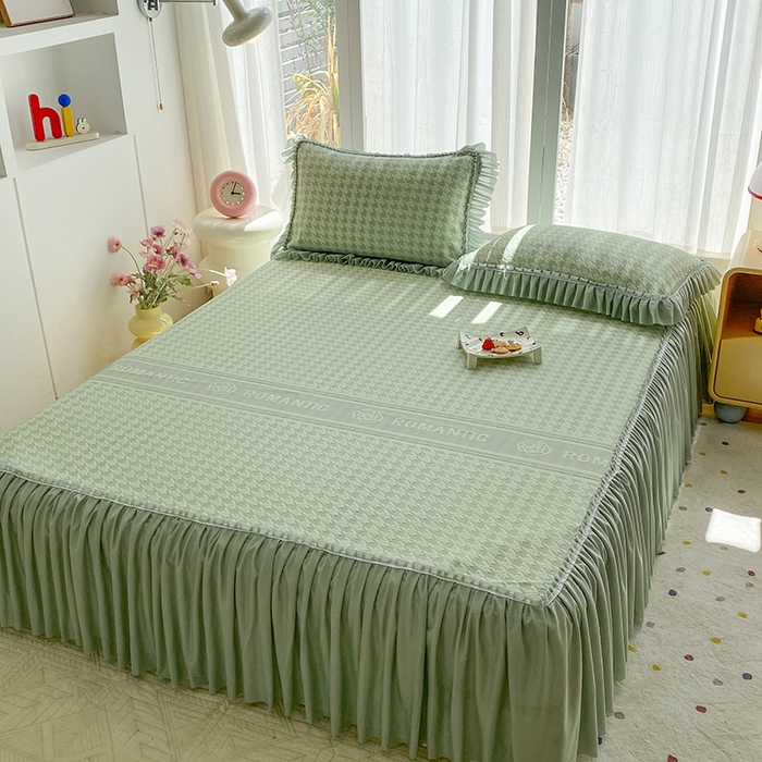 91家纺网 家纺一手货源 找家纺 七里香 2026春夏新款2026新款华夫格3D千鸟格冰豆豆凉席床裙款三件套 千鸟格-果绿