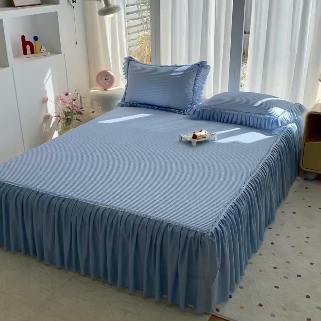 91家纺网 家纺一手货源 找家纺 七里香 2026春夏新款2026新款华夫格3D千鸟格冰豆豆凉席床裙款三件套 华夫格-天蓝