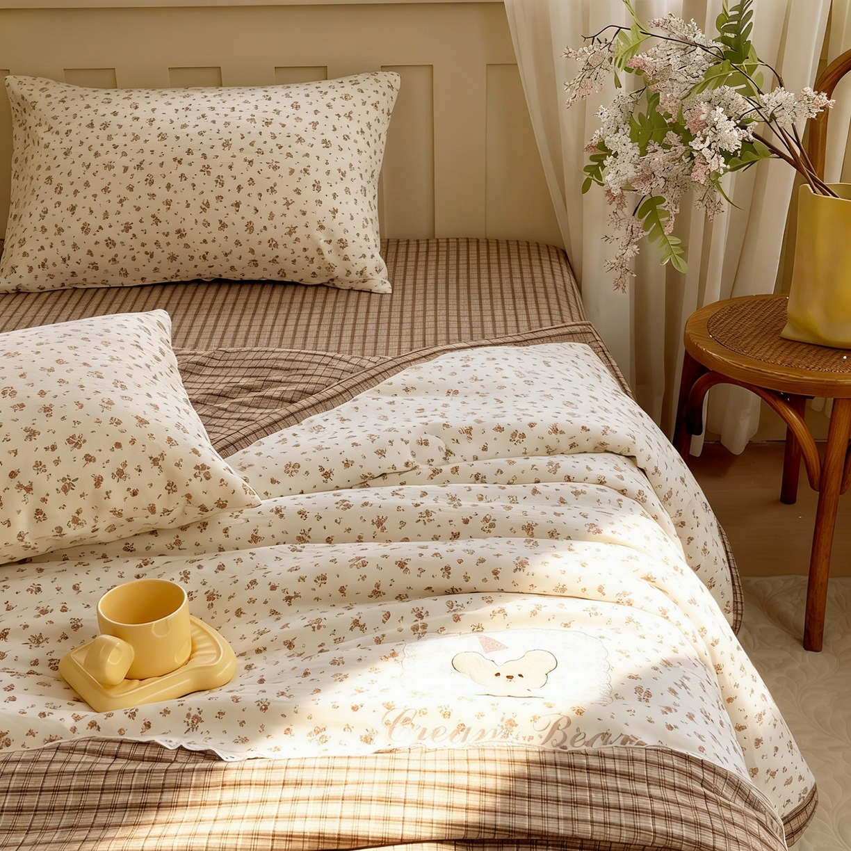 91家纺网 家纺一手货源 找家纺 宝士康家纺 2026新款10A抗菌全棉花边双拼云朵棉单夏被夏被四件套 双拼咖格-玫瑰小熊