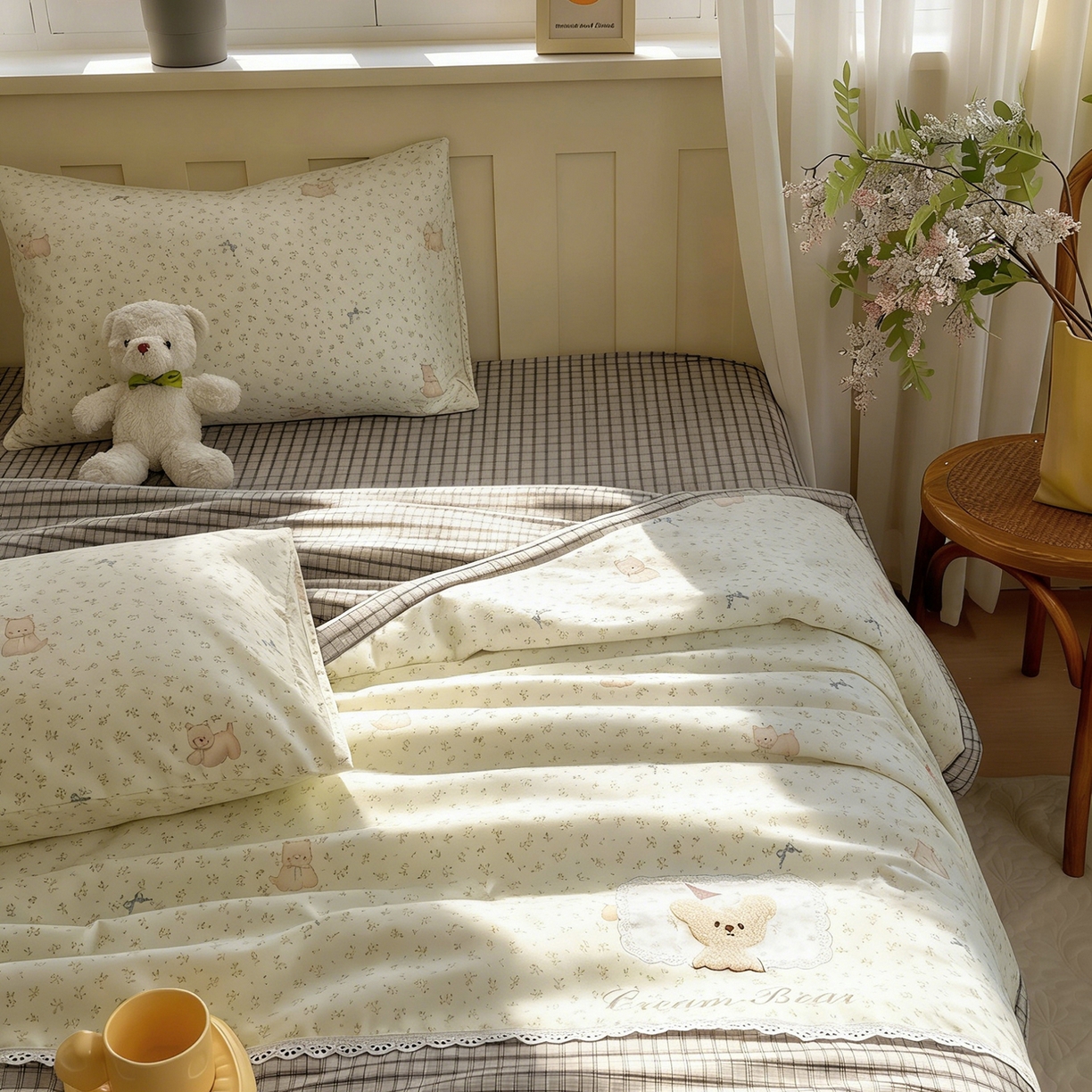 91家纺网 家纺一手货源 找家纺 宝士康家纺 2026新款10A抗菌全棉花边双拼云朵棉单夏被夏被四件套 双拼灰格-碎花小狗