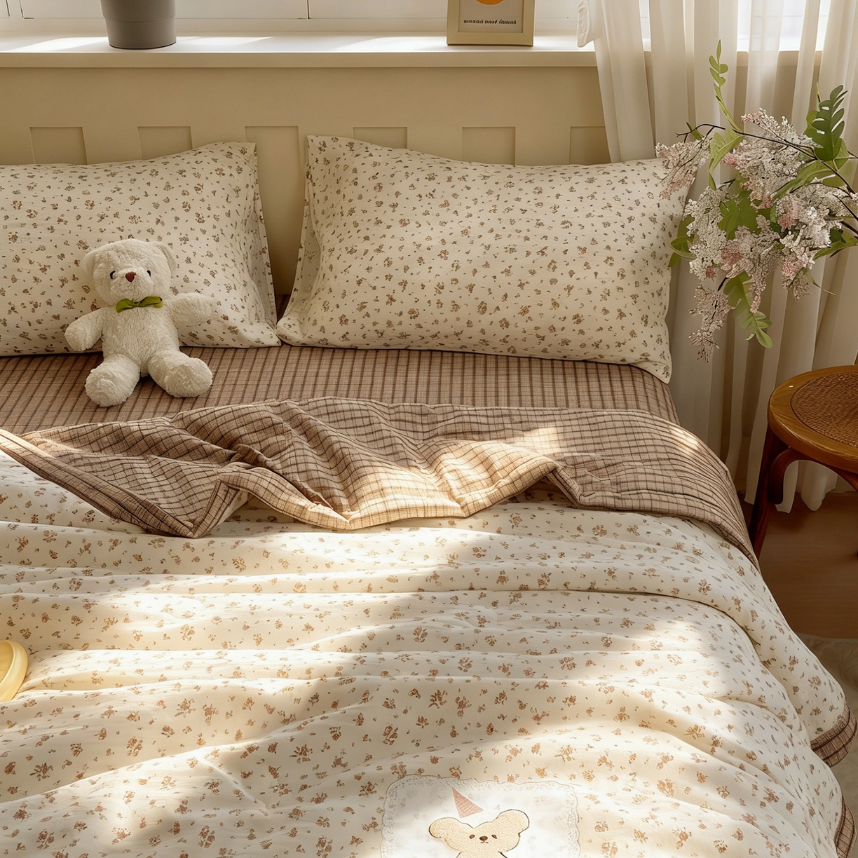 91家纺网 家纺一手货源 找家纺 宝士康家纺 2026新款10A抗菌全棉花边双拼云朵棉单夏被夏被四件套 双拼咖格-玫瑰小熊