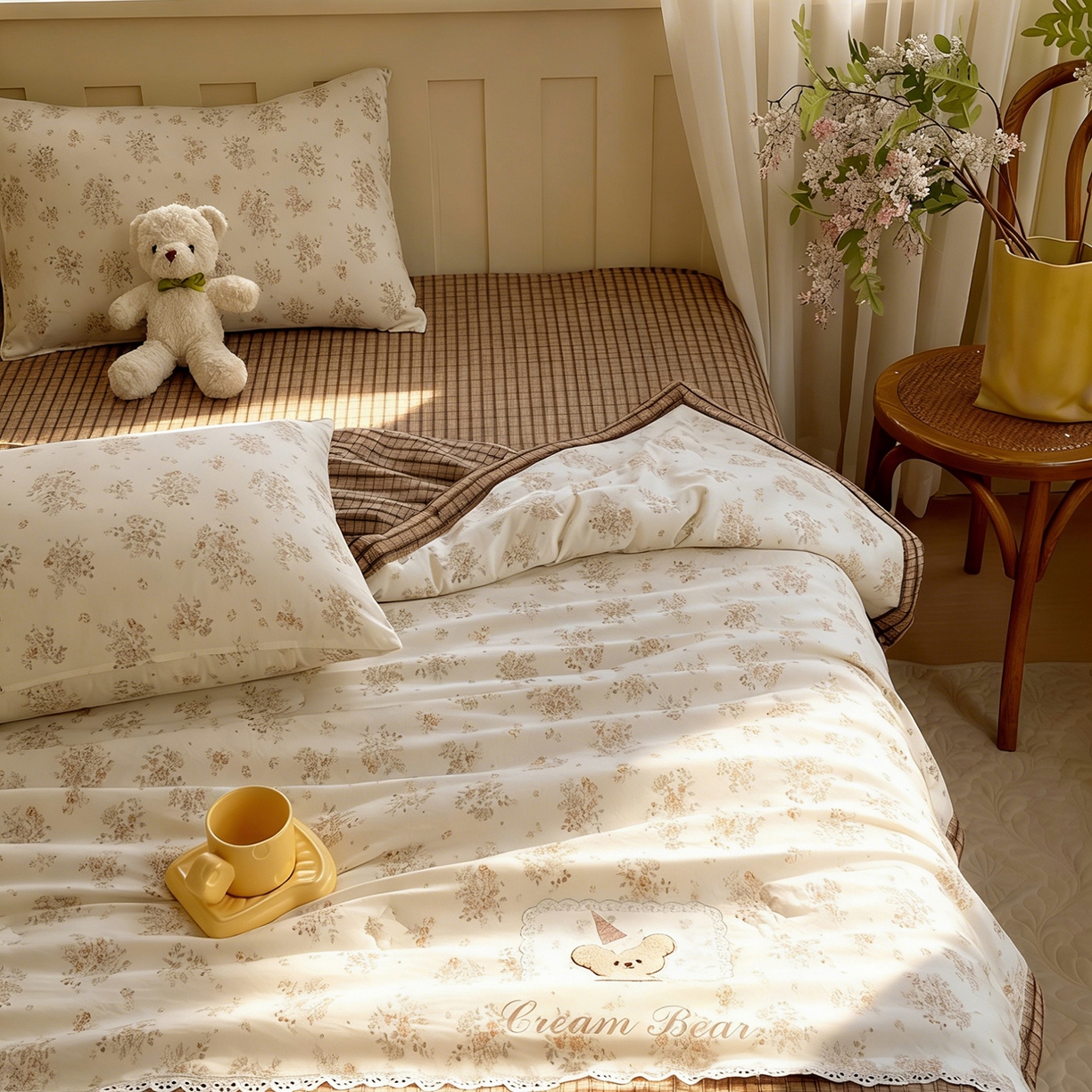 91家纺网 家纺一手货源 找家纺 宝士康家纺 2026新款10A抗菌全棉花边双拼云朵棉单夏被夏被四件套 双拼咖格-花田小熊