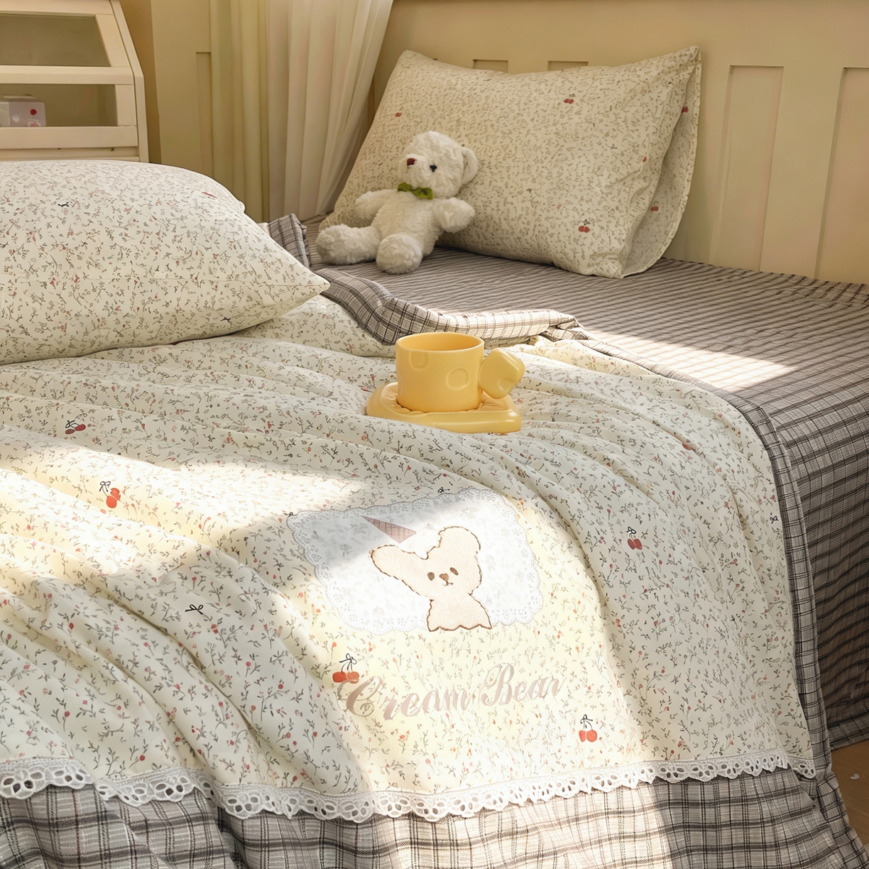 91家纺网 家纺一手货源 找家纺 宝士康家纺 2026新款10A抗菌全棉花边双拼云朵棉单夏被夏被四件套 双拼灰格-碎花小樱桃