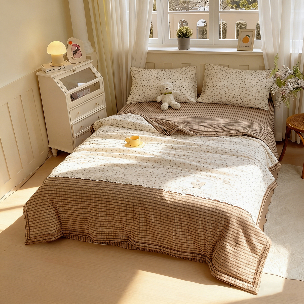 91家纺网 家纺一手货源 找家纺 宝士康家纺 2026新款10A抗菌全棉花边双拼云朵棉单夏被夏被四件套 双拼咖格-玫瑰小熊