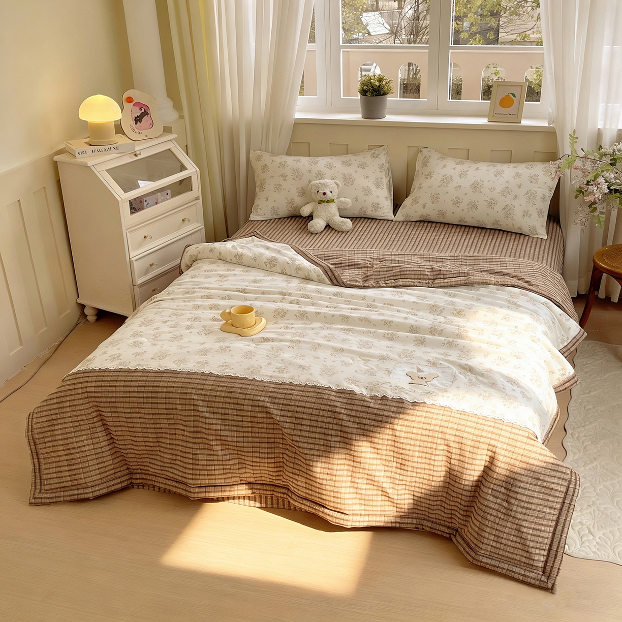 91家纺网 家纺一手货源 找家纺 宝士康家纺 2026新款10A抗菌全棉花边双拼云朵棉单夏被夏被四件套 双拼咖格-花田小熊