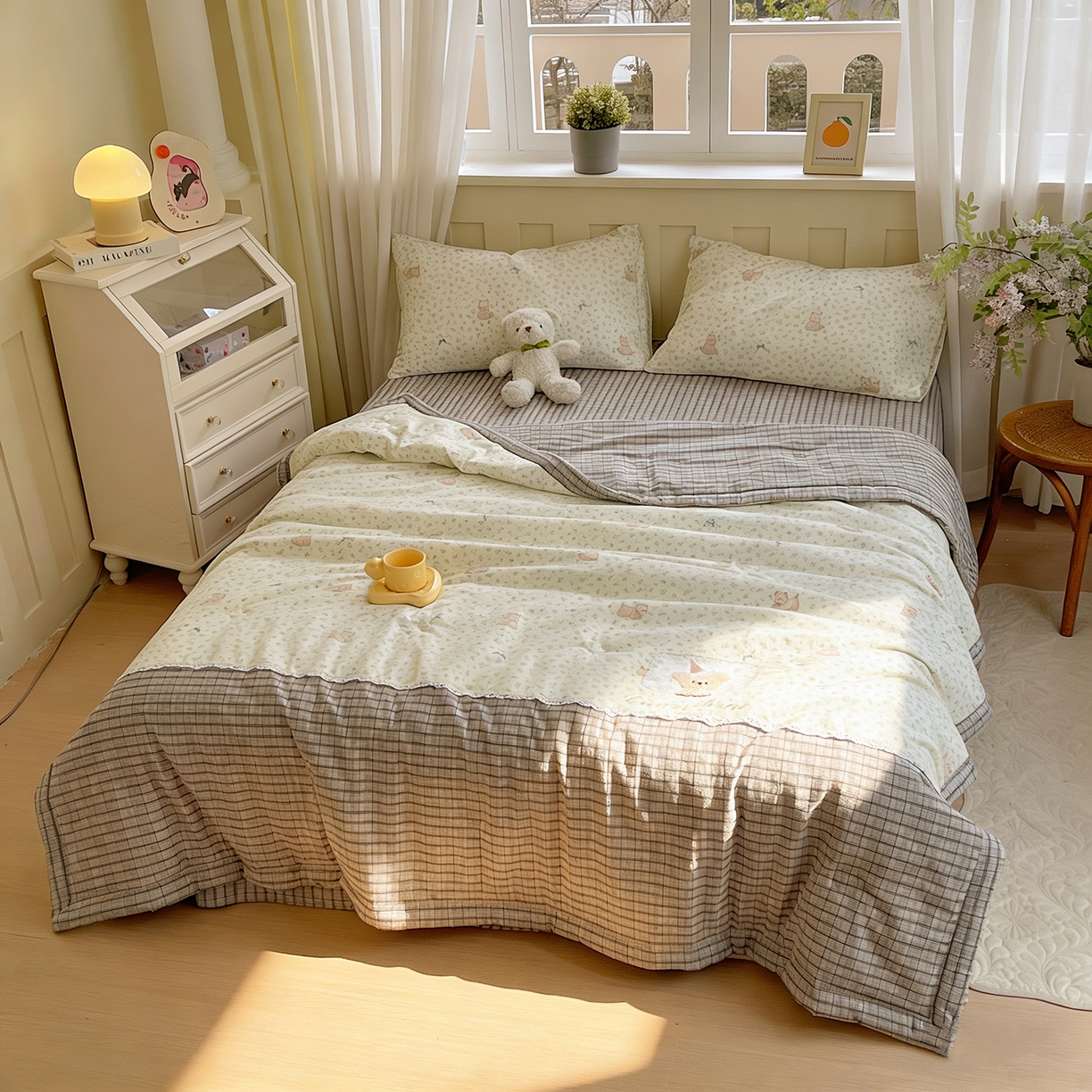 91家纺网 家纺一手货源 找家纺 宝士康家纺 2026新款10A抗菌全棉花边双拼云朵棉单夏被夏被四件套 双拼灰格-碎花小狗