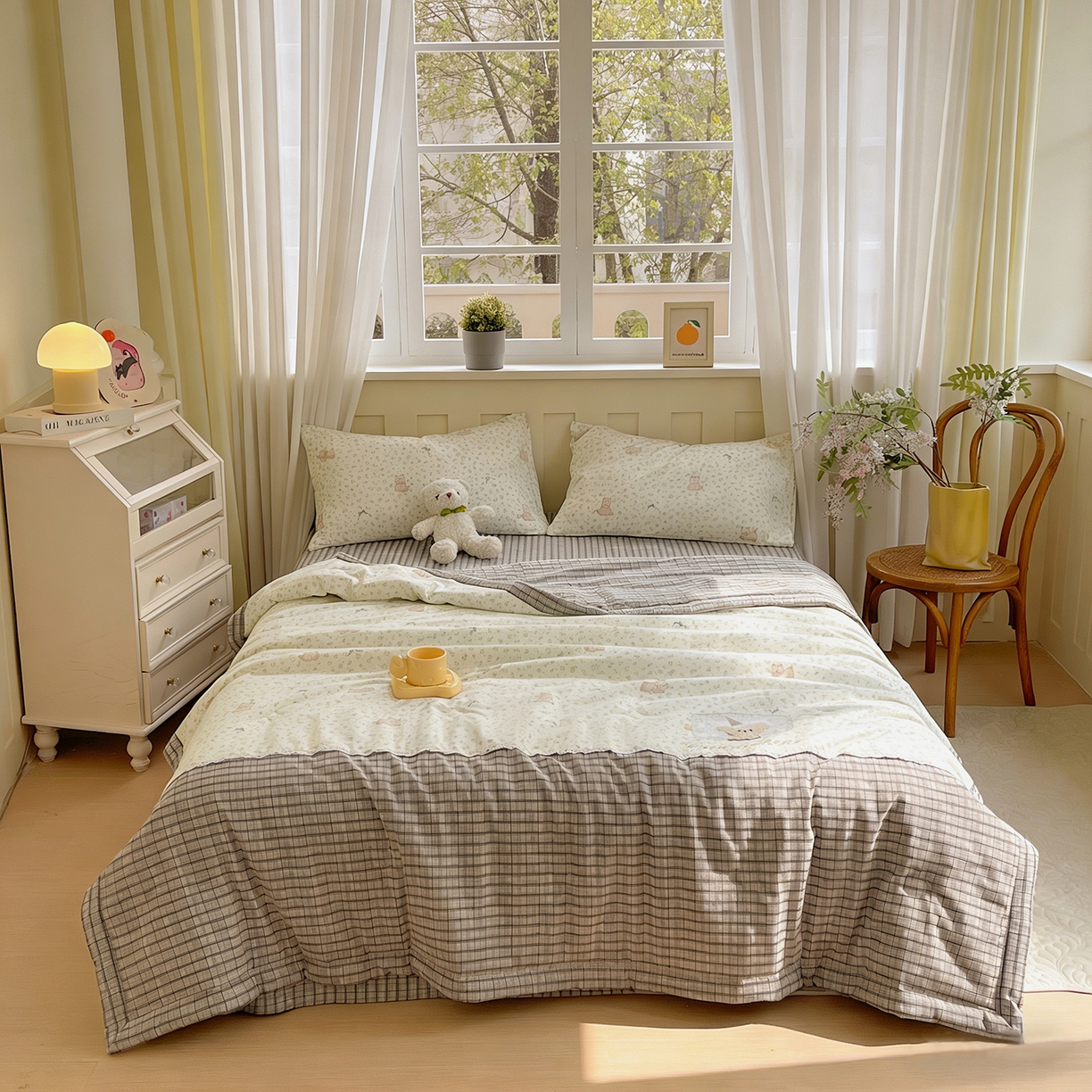 91家纺网 家纺一手货源 找家纺 宝士康家纺 2026新款10A抗菌全棉花边双拼云朵棉单夏被夏被四件套 双拼灰格-碎花小狗