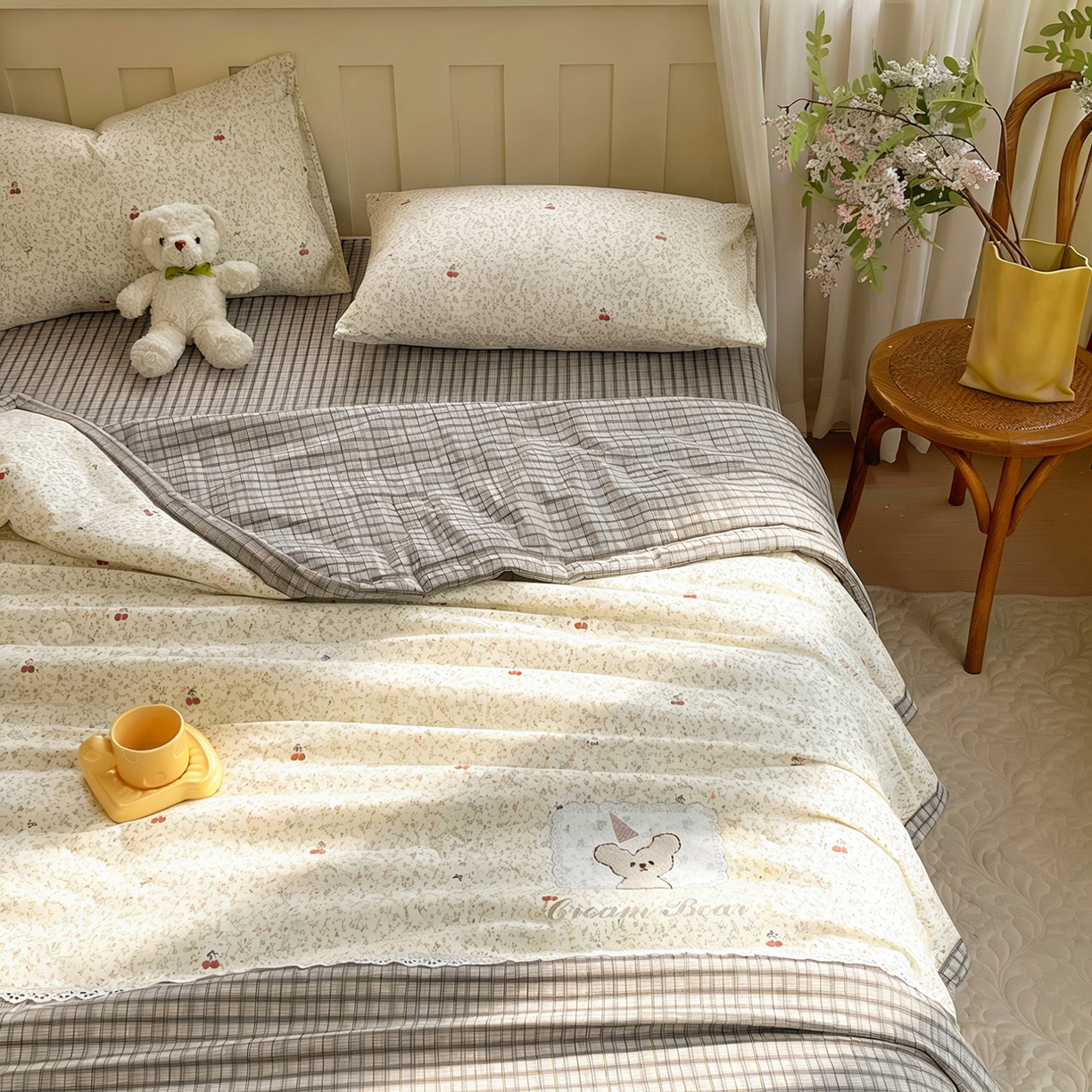 91家纺网 家纺一手货源 找家纺 宝士康家纺 2026新款10A抗菌全棉花边双拼云朵棉单夏被夏被四件套 双拼灰格-碎花小樱桃