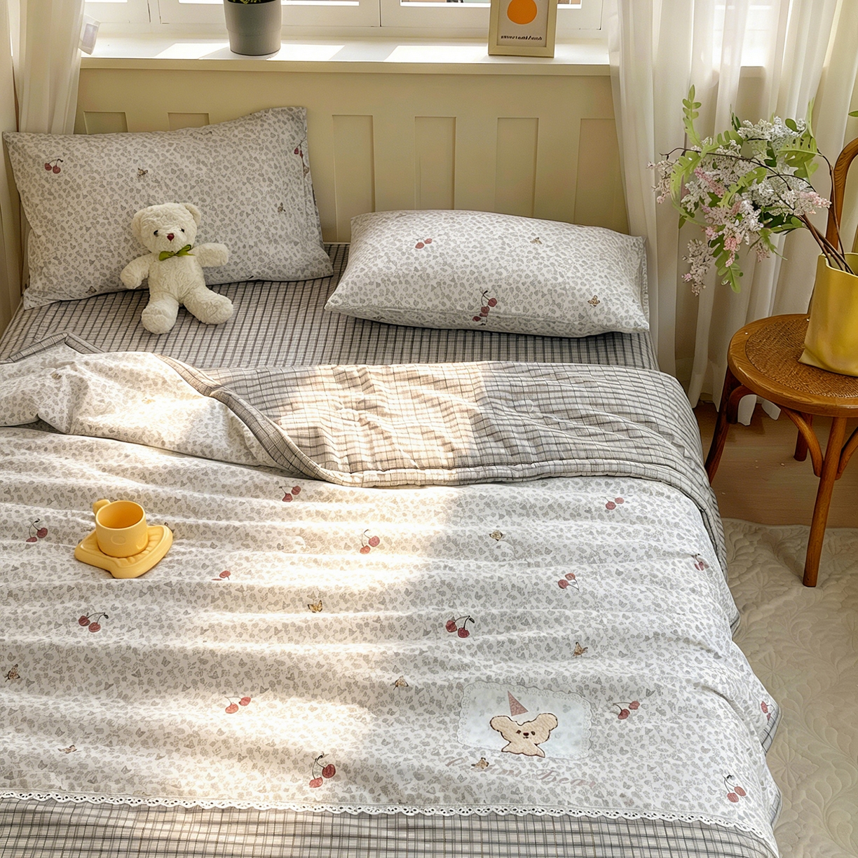 91家纺网 家纺一手货源 找家纺 宝士康家纺 2026新款10A抗菌全棉花边双拼云朵棉单夏被夏被四件套 双拼灰格-蝴蝶花卉