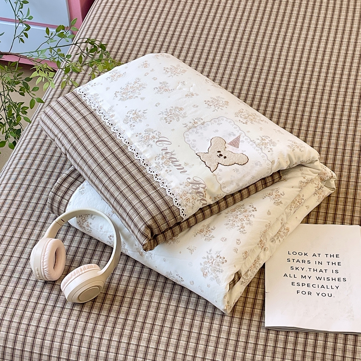 宝士康家纺 2026新款10A抗菌全棉花边双拼云朵棉单夏被夏被四件套 双拼咖格-花田小熊