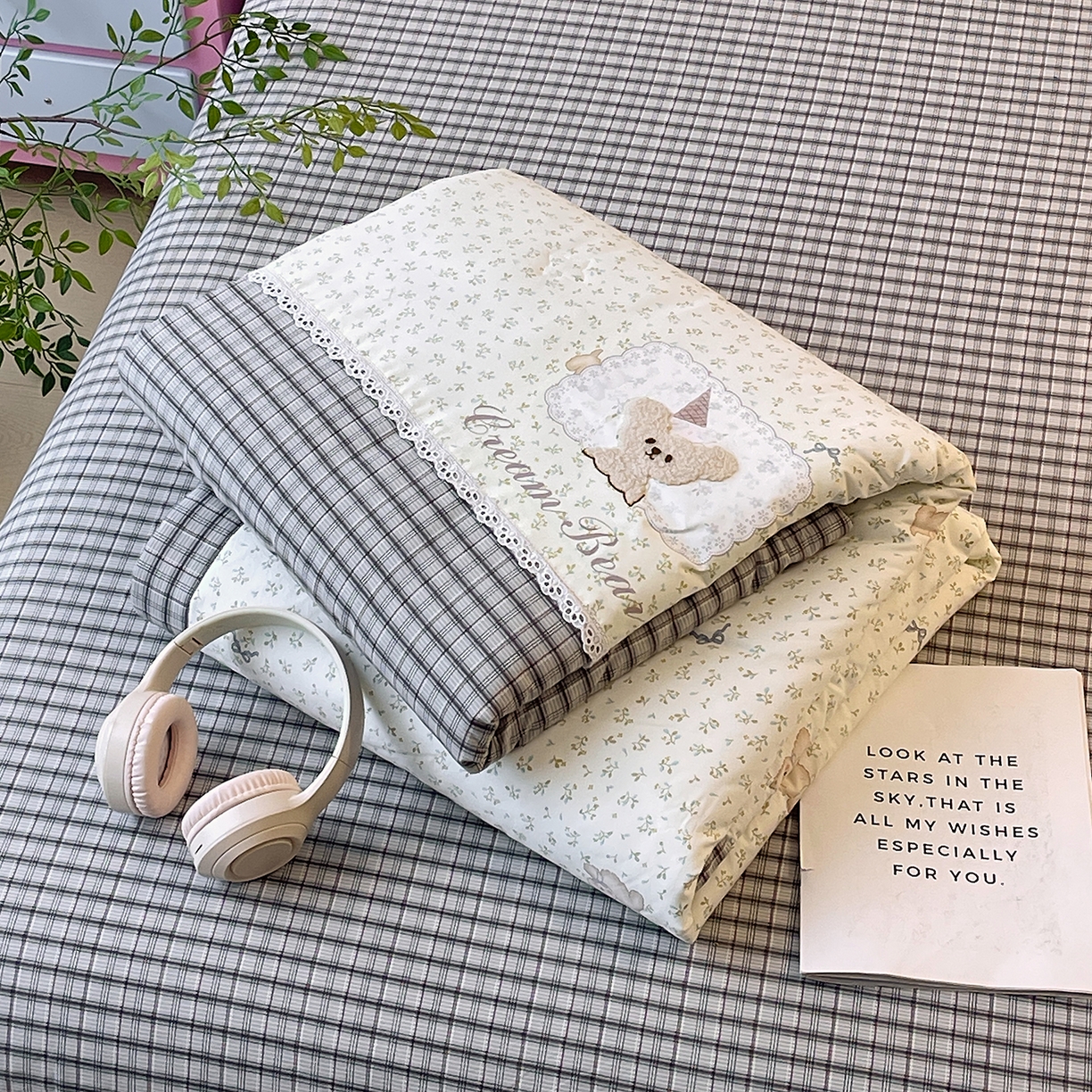 宝士康家纺 2026新款10A抗菌全棉花边双拼云朵棉单夏被夏被四件套 双拼灰格-碎花小狗
