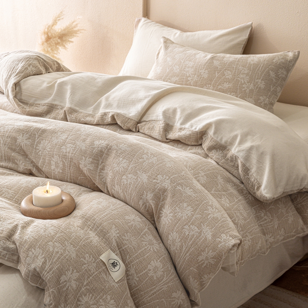 91家纺网 家纺一手货源 找家纺 尚品本色 2026春夏新款无印风A类色织棉麻提花柔软四件套 清雅