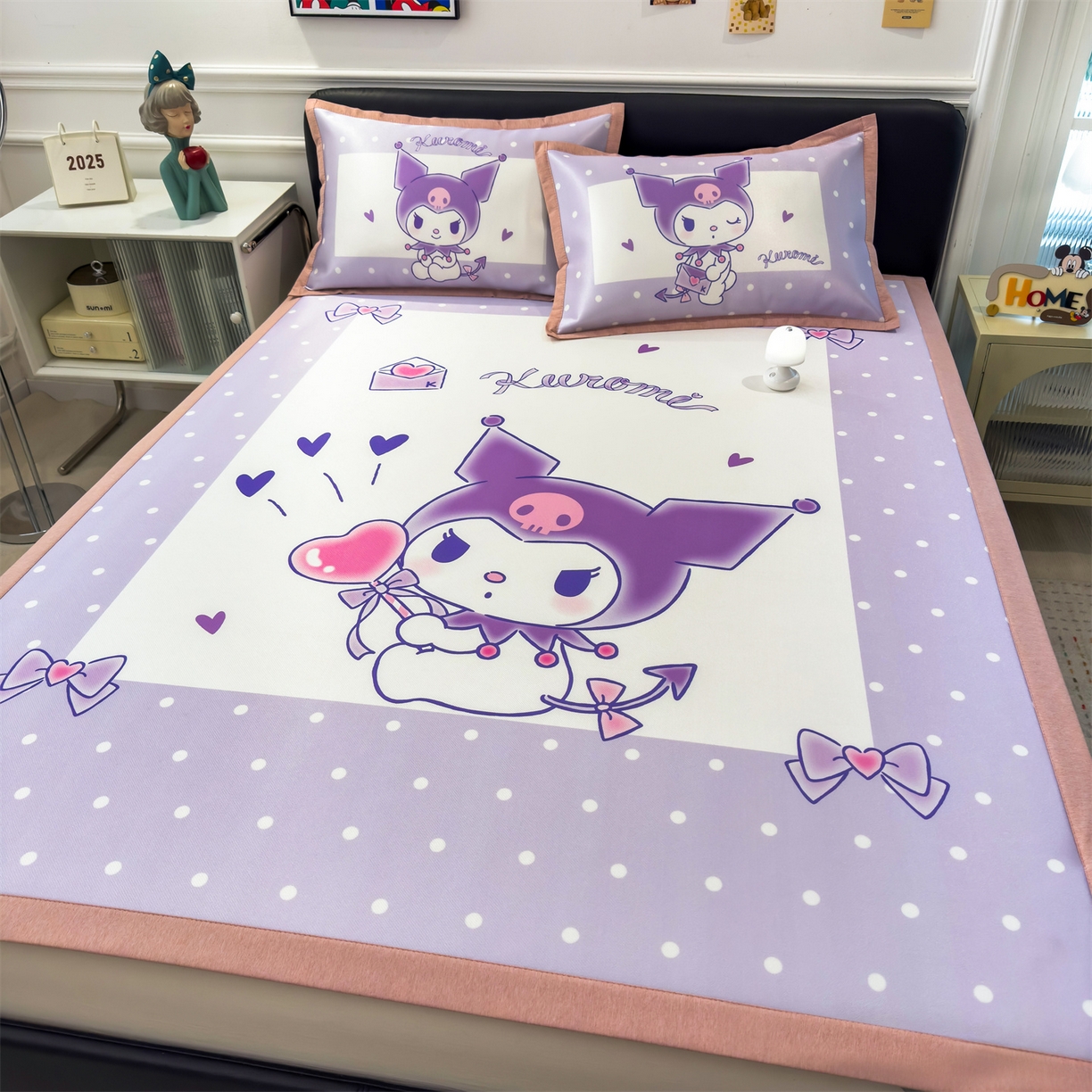 91家纺网 家纺一手货源 找家纺 兄弟坊 2026新款正版授权A类大版卡通烫光冰丝凉席冰丝席 爱心库洛米