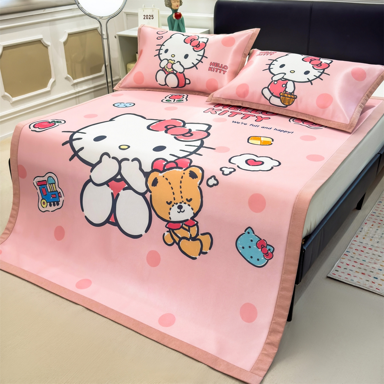 91家纺网 家纺一手货源 找家纺 兄弟坊 2026新款正版授权A类大版卡通烫光冰丝凉席冰丝席 优雅凯蒂