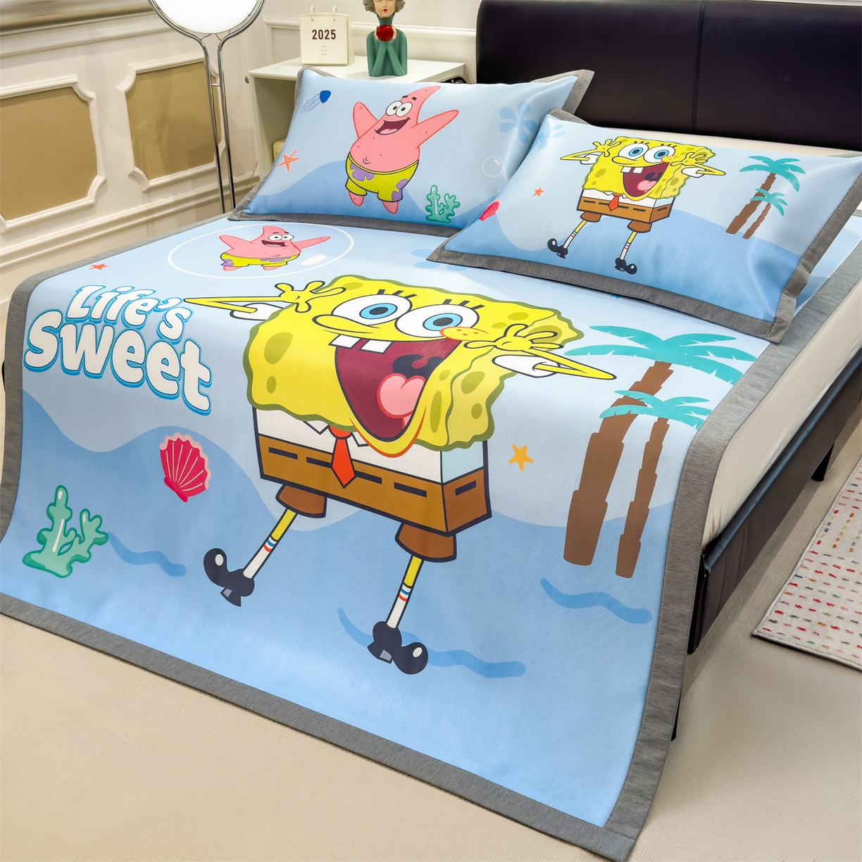 91家纺网 家纺一手货源 找家纺 兄弟坊 2026新款正版授权A类大版卡通烫光冰丝凉席冰丝席 海底海绵宝宝