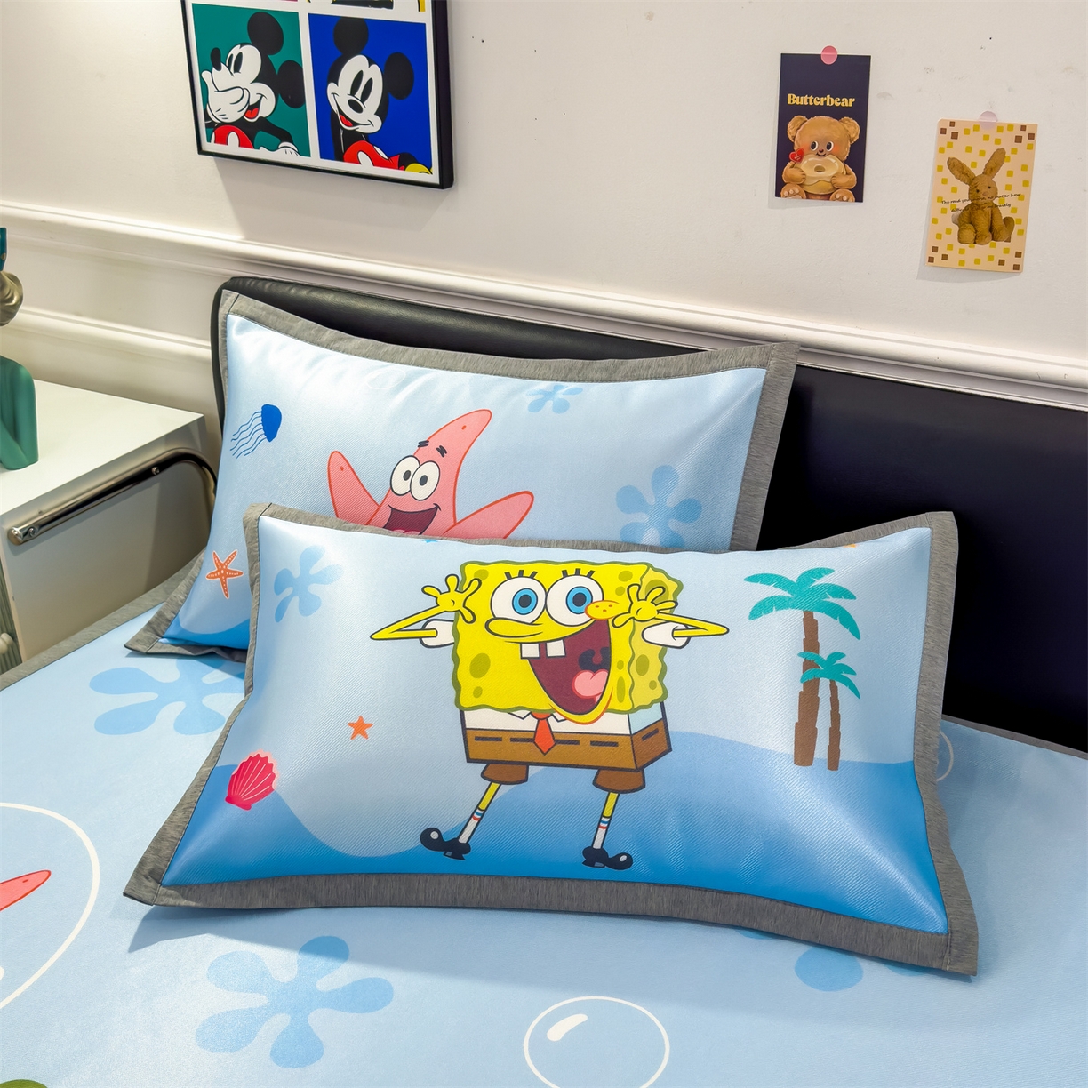 91家纺网 家纺一手货源 找家纺 兄弟坊 2026新款正版授权A类大版卡通烫光冰丝凉席冰丝席 海底海绵宝宝