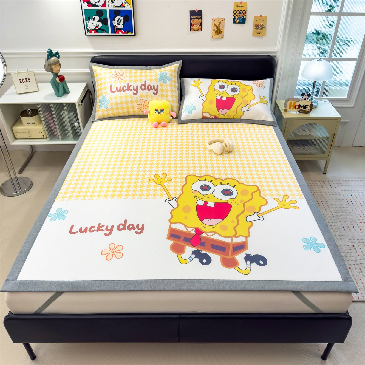 91家纺网 家纺一手货源 找家纺 兄弟坊 2026新款正版授权A类大版卡通烫光冰丝凉席冰丝席 海绵宝宝