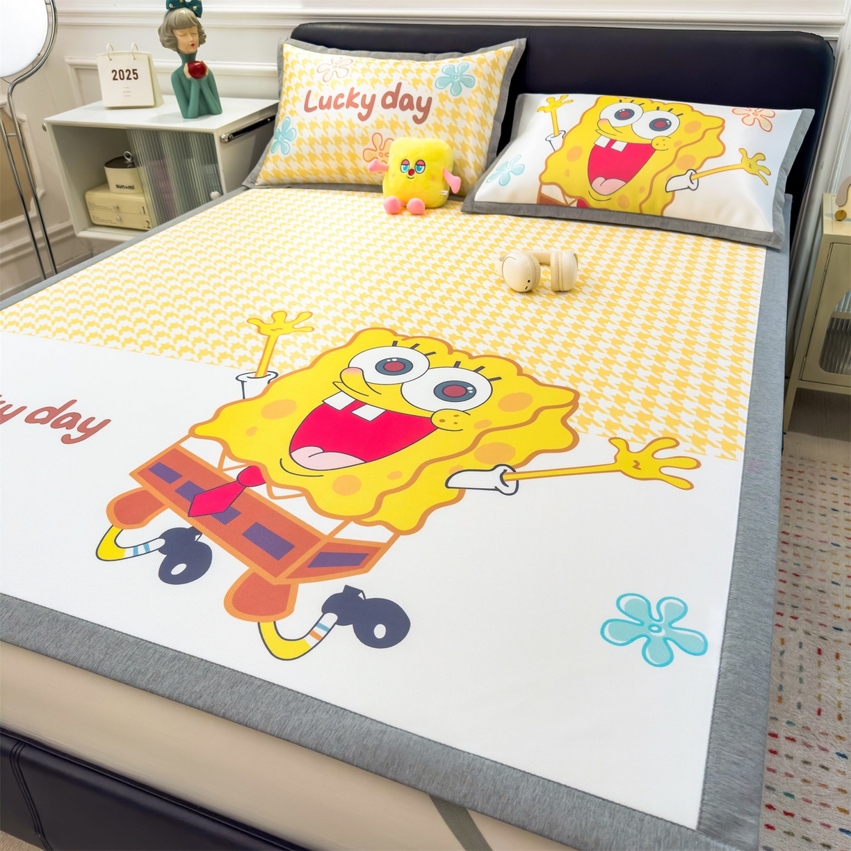 91家纺网 家纺一手货源 找家纺 兄弟坊 2026新款正版授权A类大版卡通烫光冰丝凉席冰丝席 海绵宝宝