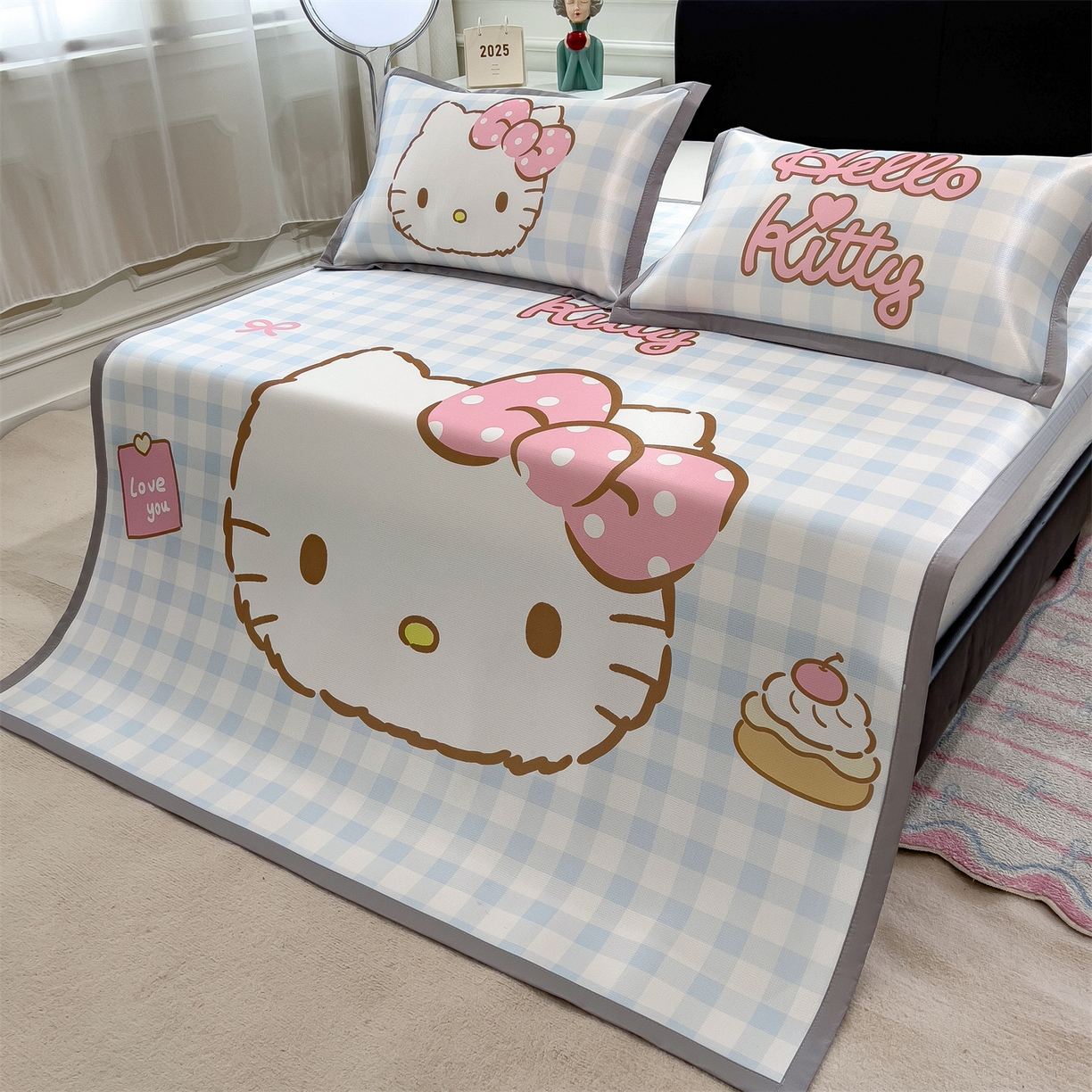 91家纺网 家纺一手货源 找家纺 兄弟坊 2026新款正版授权A类大版卡通烫光冰丝凉席冰丝席 格子kt