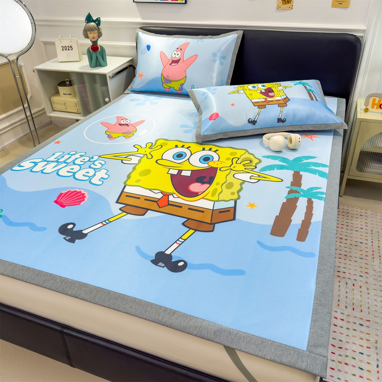 91家纺网 家纺一手货源 找家纺 兄弟坊 2026新款正版授权A类大版卡通烫光冰丝凉席冰丝席 海底海绵宝宝