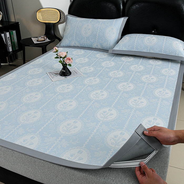 91家纺网 家纺一手货源 找家纺 织雅漫 2026春夏新款提花宽边冰丝凉感软席凉席席子-云溪 郁金香-蓝