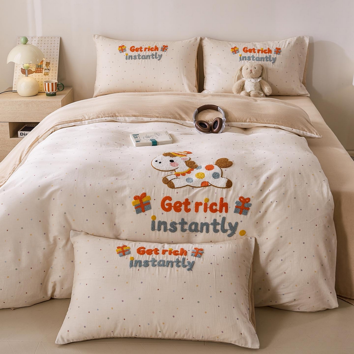 91家纺网 家纺一手货源 找家纺 麦田家纺 2026新款A类全棉双层纱毛巾绣四件套 马上暴富