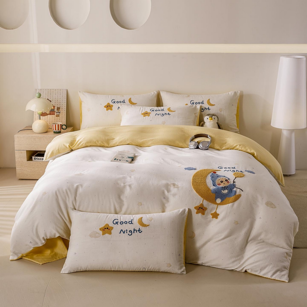 91家纺网 家纺一手货源 找家纺 麦田家纺 2026新款A类全棉双层纱毛巾绣四件套 星月宝贝