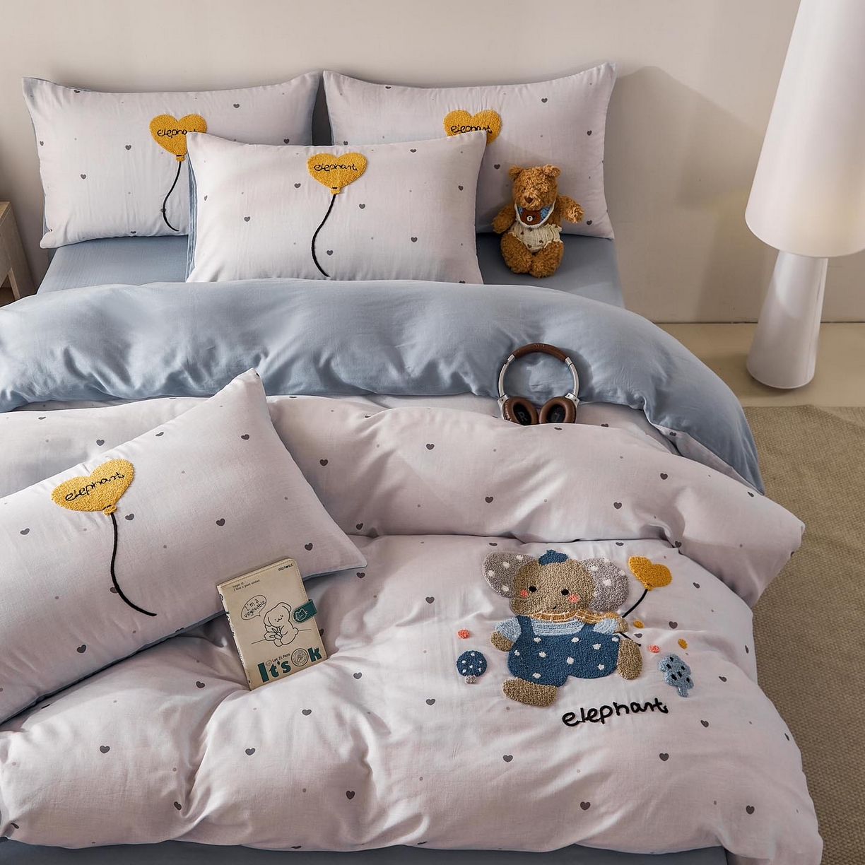 91家纺网 家纺一手货源 找家纺 麦田家纺 2026新款A类全棉双层纱毛巾绣四件套 气球小象