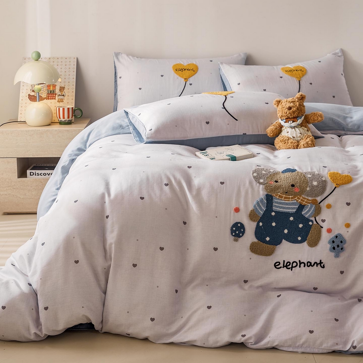 91家纺网 家纺一手货源 找家纺 麦田家纺 2026新款A类全棉双层纱毛巾绣四件套 气球小象