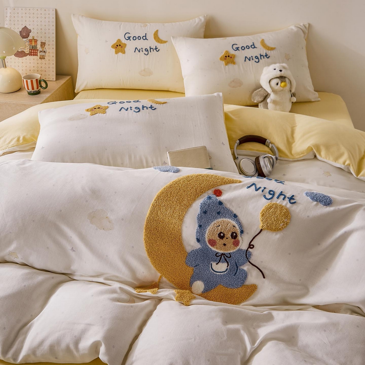 91家纺网 家纺一手货源 找家纺 麦田家纺 2026新款A类全棉双层纱毛巾绣四件套 星月宝贝