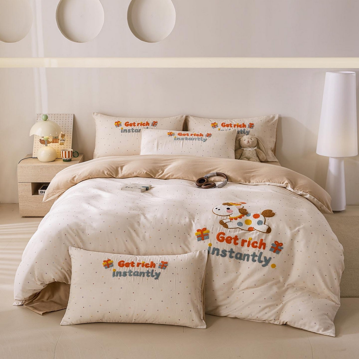 91家纺网 家纺一手货源 找家纺 麦田家纺 2026新款A类全棉双层纱毛巾绣四件套 马上暴富