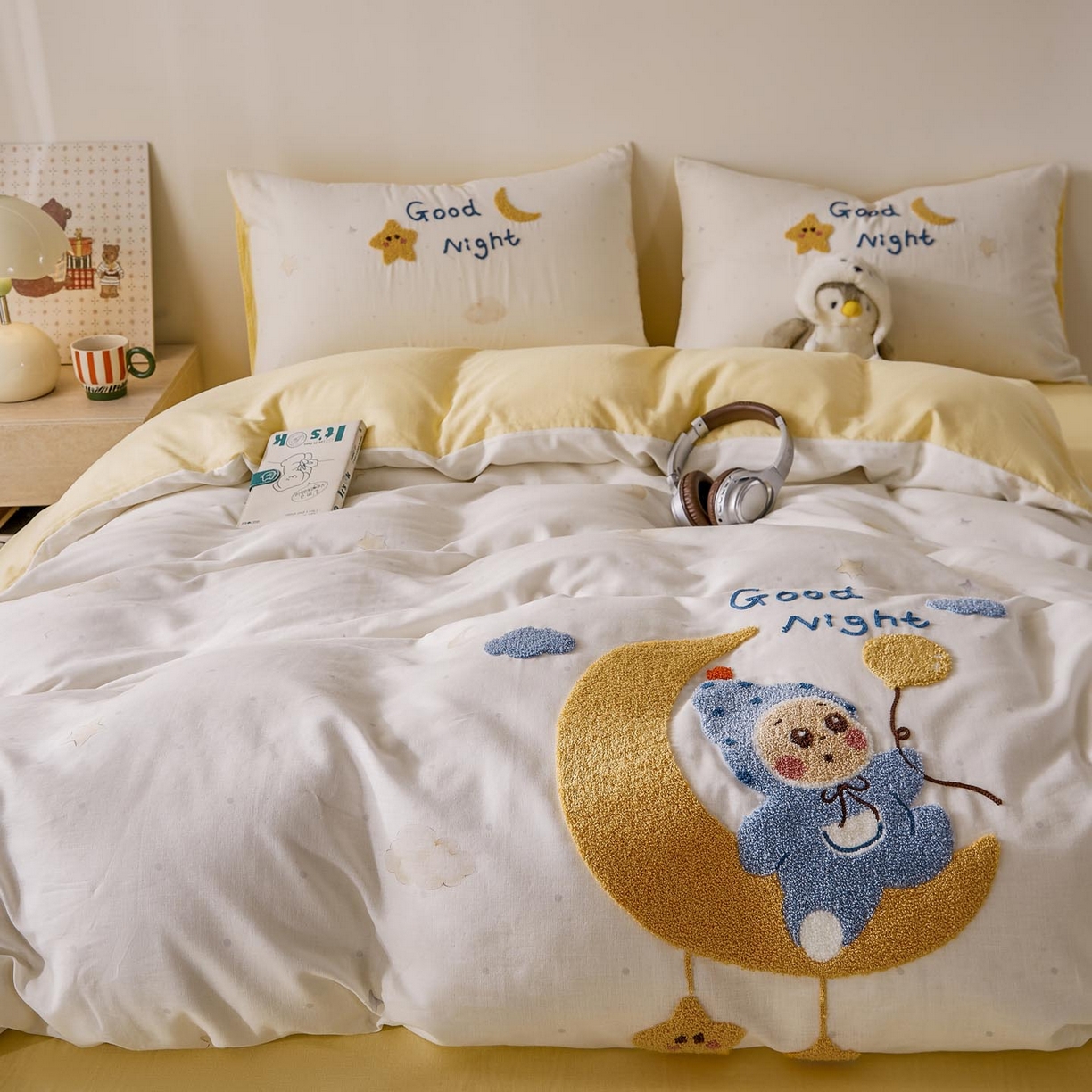 91家纺网 家纺一手货源 找家纺 麦田家纺 2026新款A类全棉双层纱毛巾绣四件套 星月宝贝